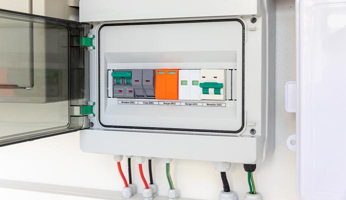 An open electrical distribution box with surge protection