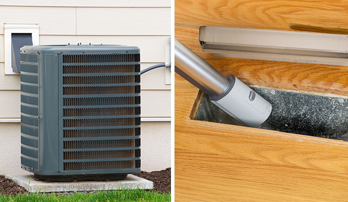 Collage of a installed outdoor HVAC unit and duct vent cleaning