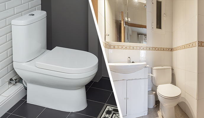 Collage of different types of toilets installed in bathrooms