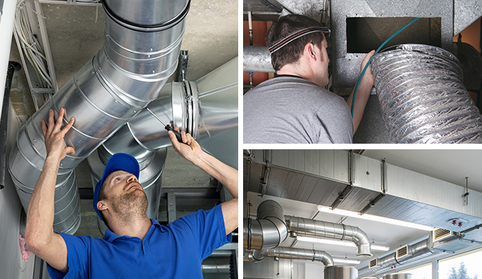 Collage of duct repairing, cleaning and installed ductwork