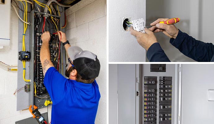 Collage of electrical panel repair, electrical repair and a repaired circuit breaker