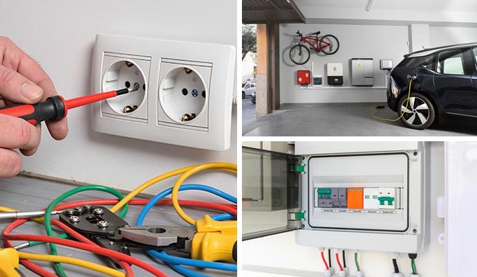 Collage of electrical switch installation, EV charging station and breaker