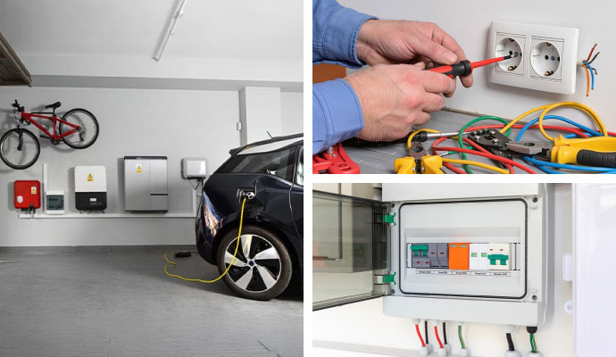 Collage of EV charging station, switches installation and breaker