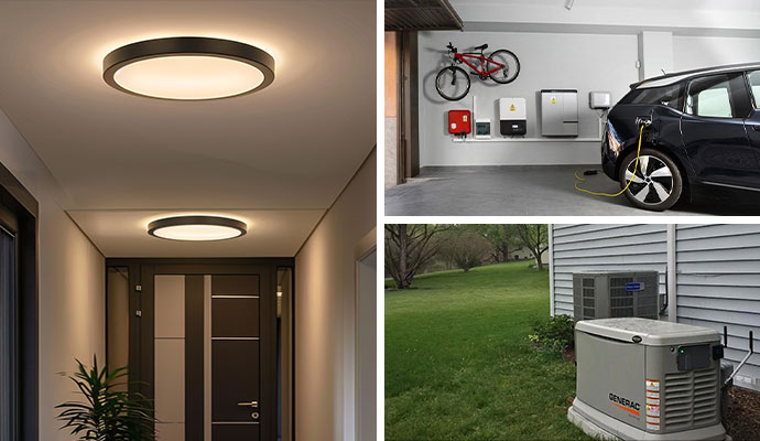 Collage of  HVAC unit, generac generator, indoor lighting