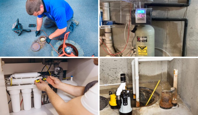 Collage of hydro jetting service installed water softener reverse osmosis and sump pump repair.