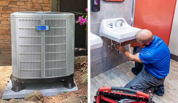 Collage of installed HVAC system and person installing bathroom sink