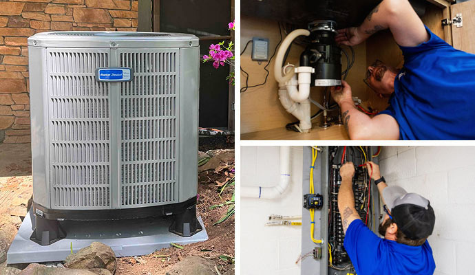 Collage of installed HVAC unit, repairing plumbing and electrical service