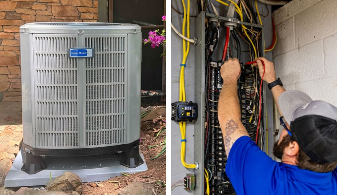 Collage of outdoor AC unit and electrical panel repair