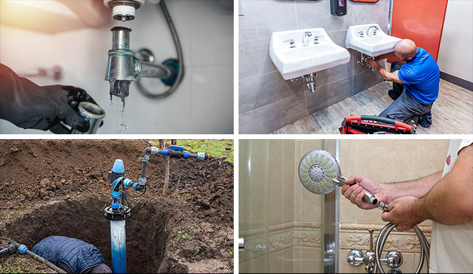 Collage of plumbing repair, leaking sink pipe, well pump, and shower head