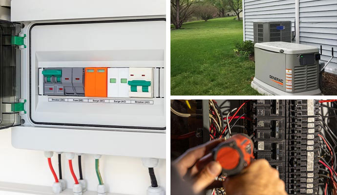 Collage of solar combiner box, HVAC unit, generac generator, and electrical repair