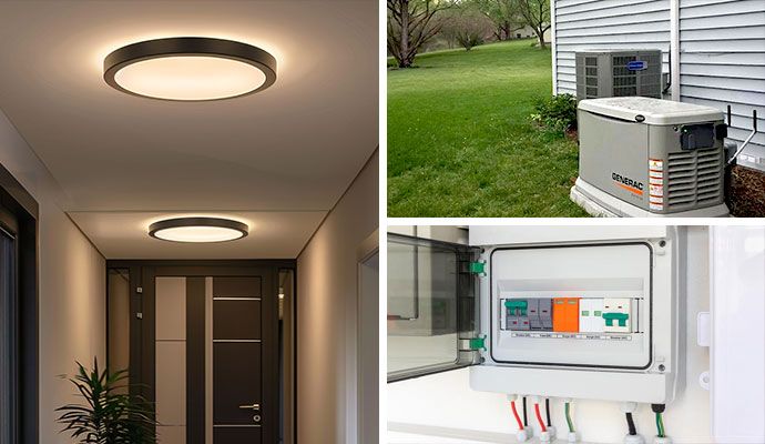 Collage of solar combiner box, HVAC unit, generac generator, and indoor lighting