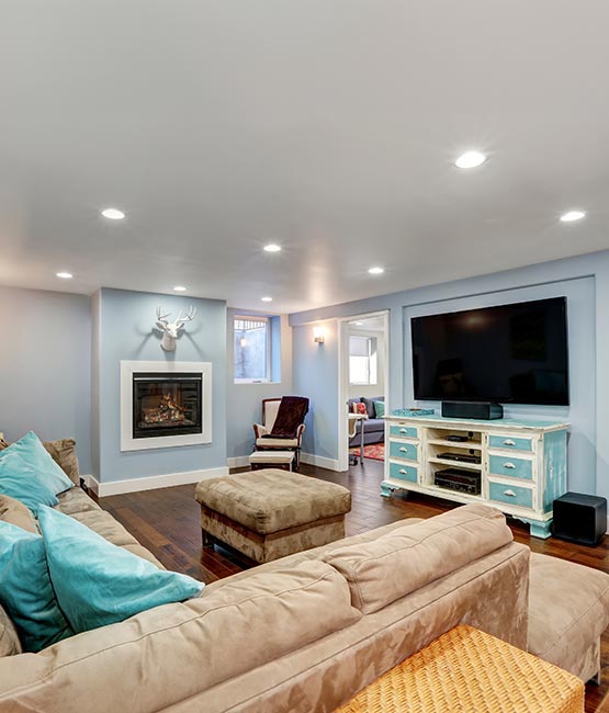 A finished basement living room.