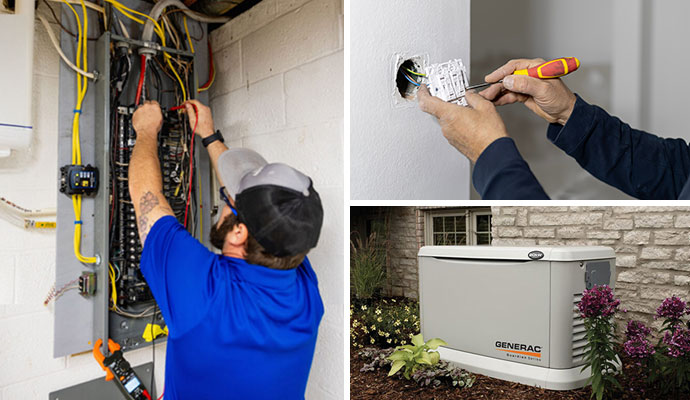 Collage of electrical panel repair, electrical repair and an installed generator