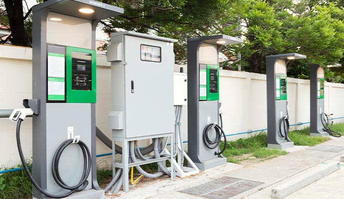A commercial EV charging hub with multiple charging stations
