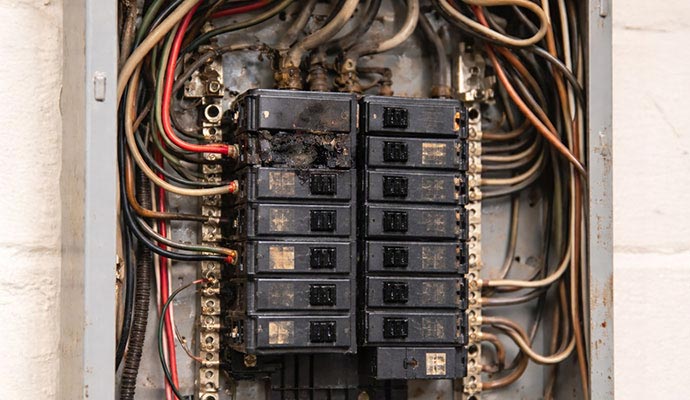 Damaged and burnt circuit breaker panel