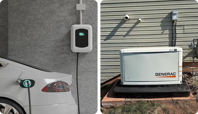 Electric vehicle charging station and Generac home backup generator.