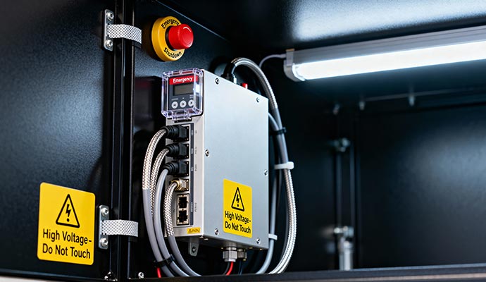 High-voltage electrical control panel with emergency safety features.