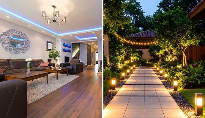 A side-by-side view of modern interior accent lighting and professional garden pathway illumination