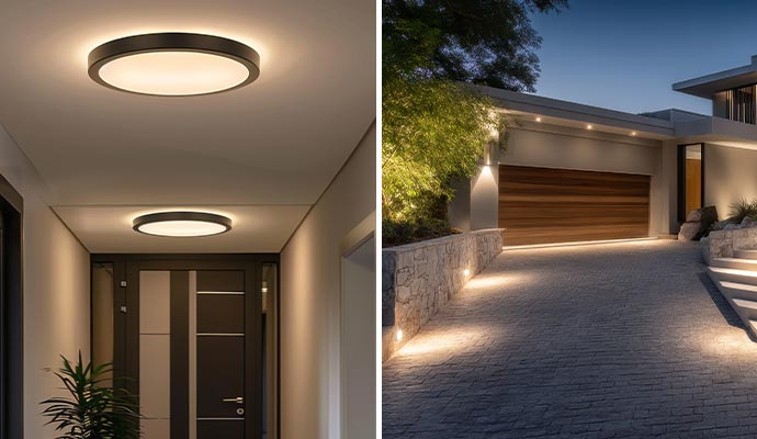 A side-by-side view of professional interior ceiling lights and exterior architectural landscape lighting