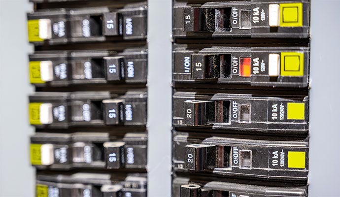 Close-up of modern residential electrical circuit breaker panel.