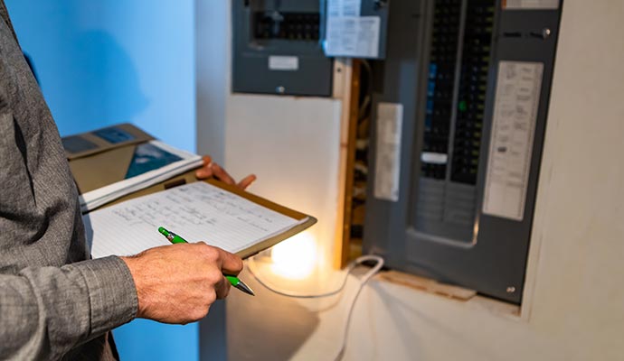 A person inspecting an electrical distribution board.