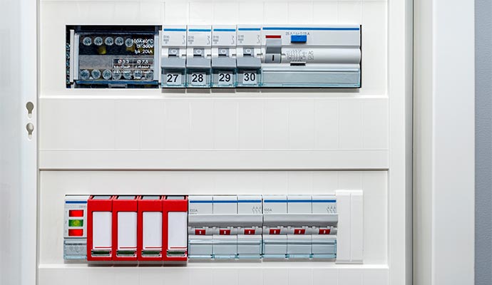 Modern residential electrical panel with circuit breakers