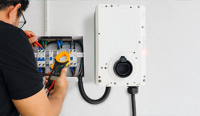 Electrician inspecting an EV charger subpanel with a clamp multimeter