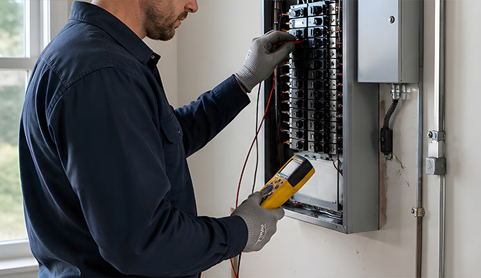 Electrician testing a residential breaker panel with a multimeter