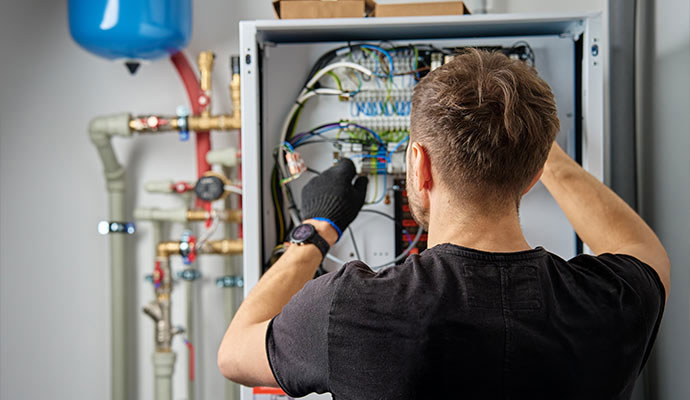 Electrician working on electrical wiring inside a wall-mounted panel