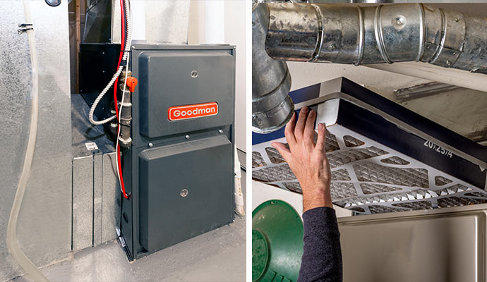 Goodman furnace system and technician replacing air filter during maintenance