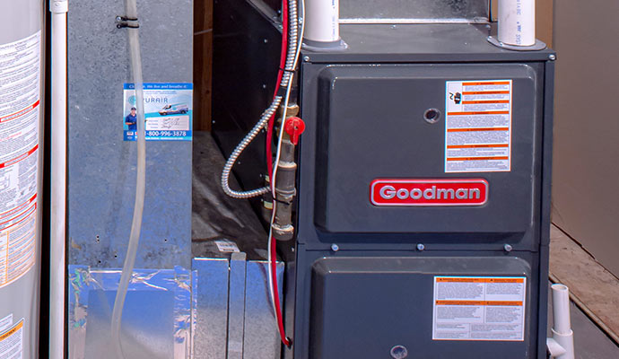 Goodman residential furnace heating unit and ductwork in basement