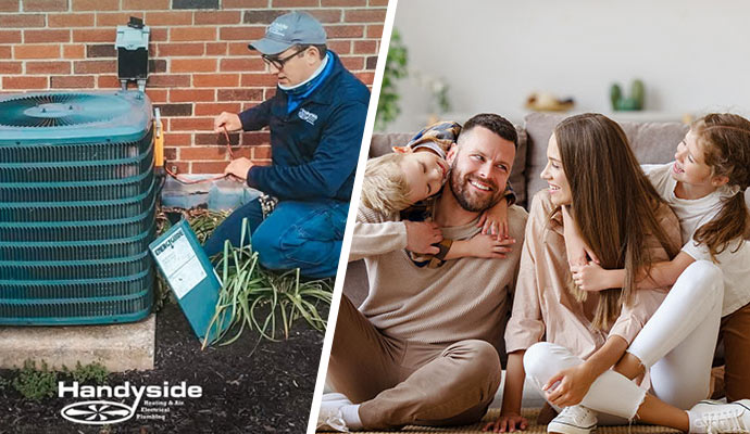Handyside technician repairing HVAC unit and happy family enjoying indoor comfort