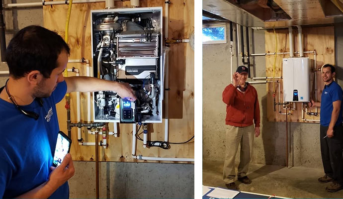 Handyside technician and satisfied homeowner with a newly installed wall-mounted boiler