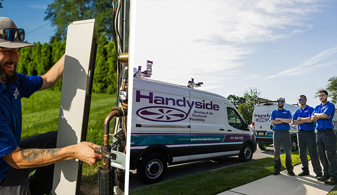 Handyside Technician repairing heating unit and team standing beside service vans