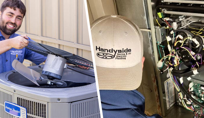 Handyside technician repairing outdoor heat pump fan and inspecting furnace wiring