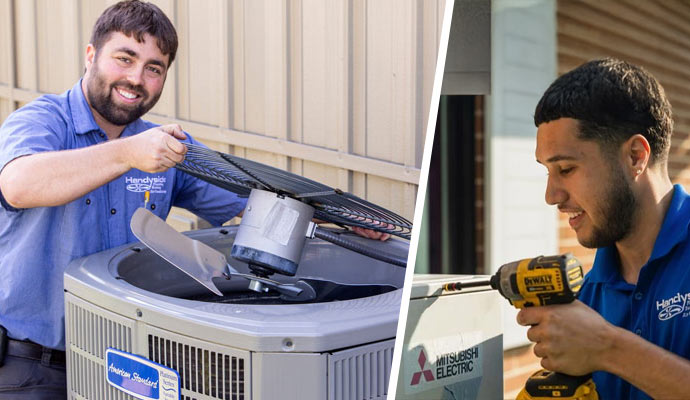 Handyside technicians servicing outdoor air conditioning and heat pump systems