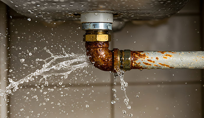 Corroded pipe leaking under a sink with water spraying from the joint