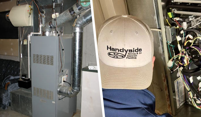 Home furnace system and technician inspecting electrical wiring