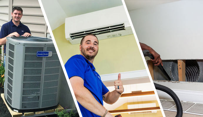 Technician with outdoor AC unit, ductless mini split installation, and air duct vacuum cleaning