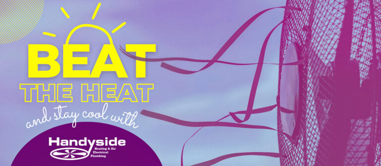 Electric fan with pink ribbons blowing in the air for a Beat the Heat summer promotion.