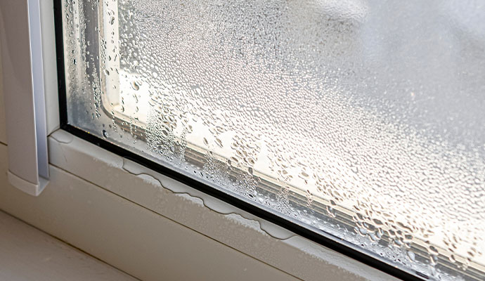 Condensation on a window due to poor humidity control.