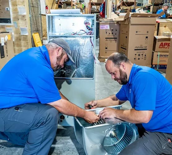 Expart HVAC technicians assembling air handler unit