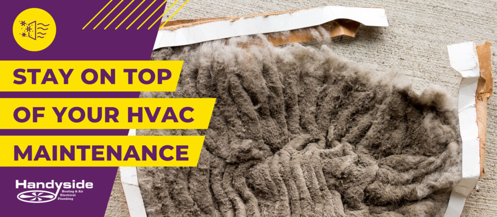 Extremely dusty and clogged HVAC air filter.