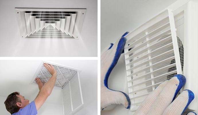 Collage of air vent cleaning, air purification filter replacement, and ventilation maintenance