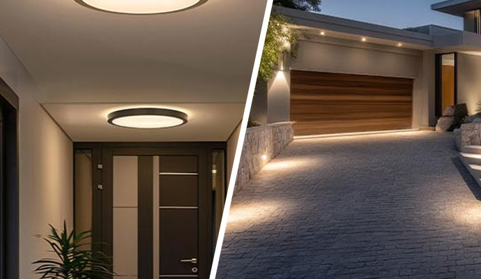 Modern indoor ceiling light and illuminated outdoor lighting