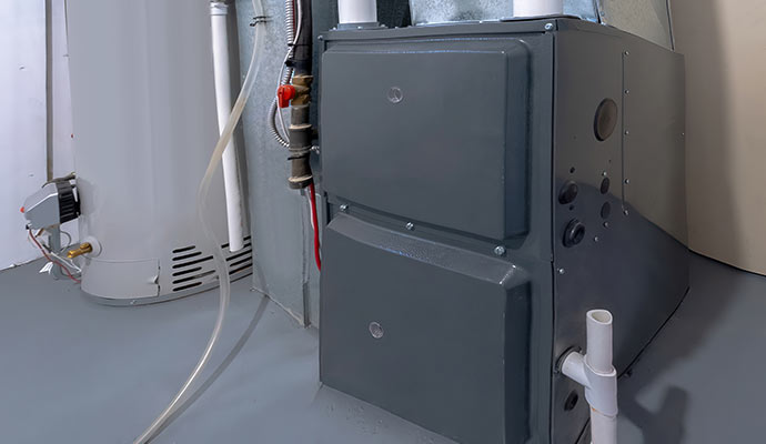 Modern residential furnace heating unit installed in clean utility space