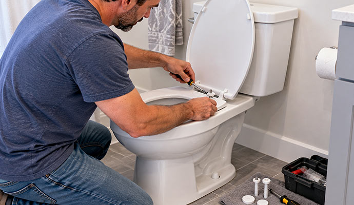 Professional plumber installing and securing a new toilet seat in bathroom