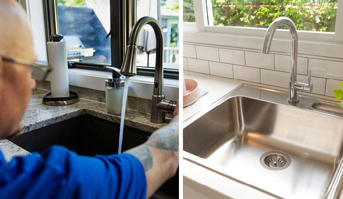 Plumber testing kitchen faucet water flow and installed stainless steel sink