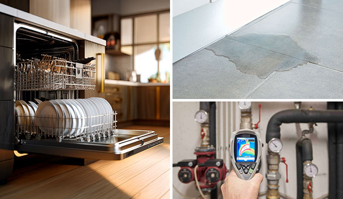 Collage of dish washer, slab leak, and leak location