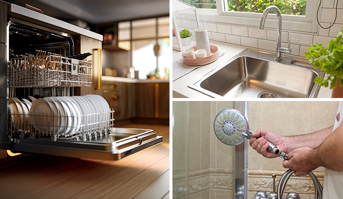Collage of dishwasher, installed faucet, and installing showerhead